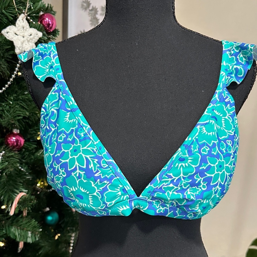 *J. CREW* Blue x Green Floral Ruffle Bikini Top NWT Size Large - Picture 6 of 11